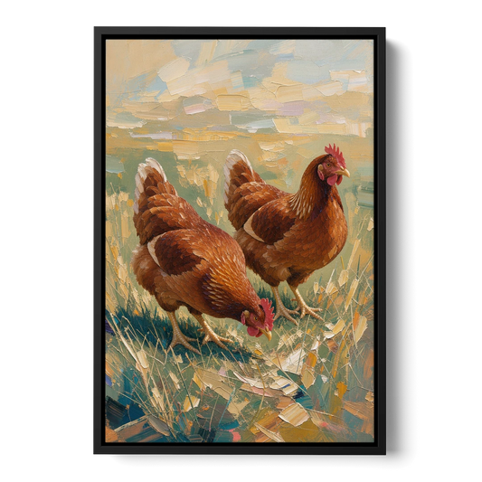 Two Rustic Farmhouse Russet Hens in Summer Grass - Black Framed Canvas Wall Art - Front