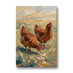 Two Rustic Farmhouse Russet Hens in Summer Grass - Canvas Wall Art - Front