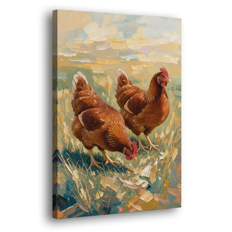 Two Rustic Farmhouse Russet Hens in Summer Grass - Canvas Wall Art - Side
