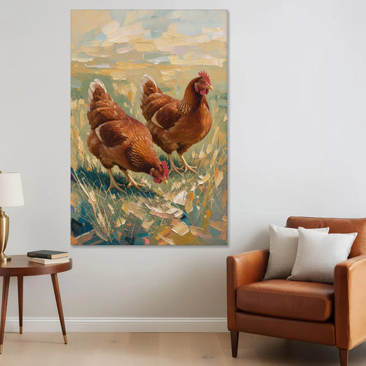 Two Rustic Farmhouse Russet Hens in Summer Grass - Canvas Wall Art - Sofa - 40x60