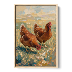 Two Rustic Farmhouse Russet Hens in Summer Grass - Oak Framed Canvas Wall Art - Front
