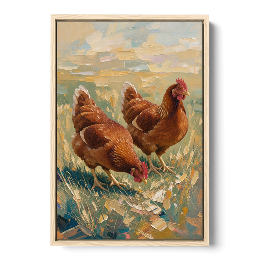 Two Rustic Farmhouse Russet Hens in Summer Grass - Oak Framed Canvas Wall Art - Front