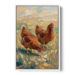 Two Rustic Farmhouse Russet Hens in Summer Grass - White Framed Canvas Wall Art - Front