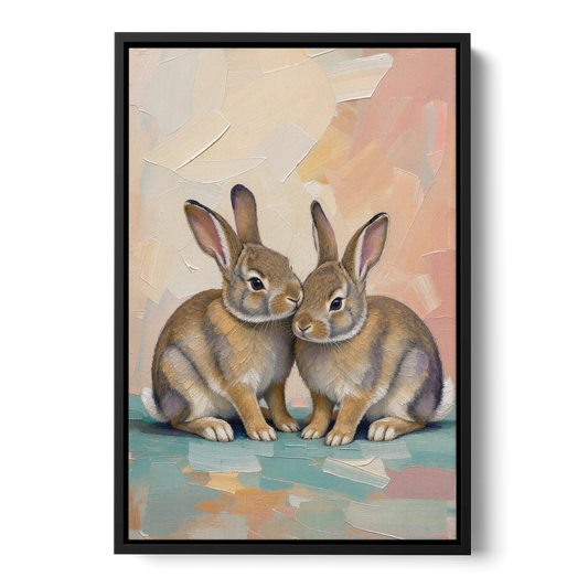 Two Wild Rabbits Cuddled Side by Side - Black Framed Canvas Wall Art - Front