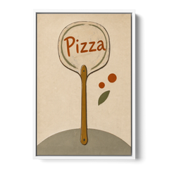 Upright Pizza Peel Sign with Basil Leaf - White Framed Canvas Wall Art - Front