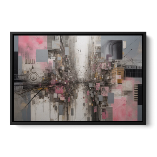 Urban Chaos Pink and Grey Abstract - Black Framed Canvas Wall Art - Front