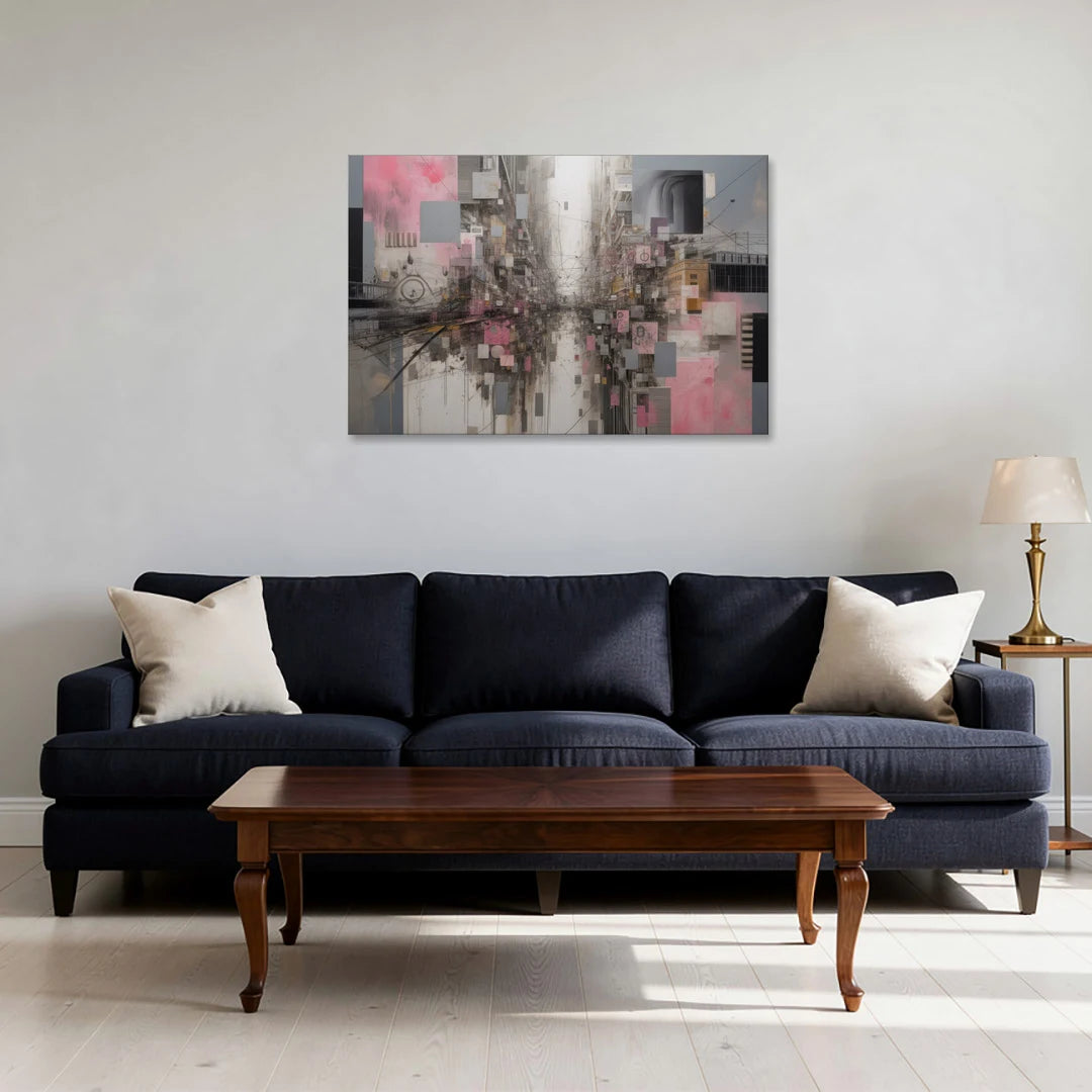Urban Chaos Pink and Grey Abstract - Canvas Wall Art - Sofa - 36x24