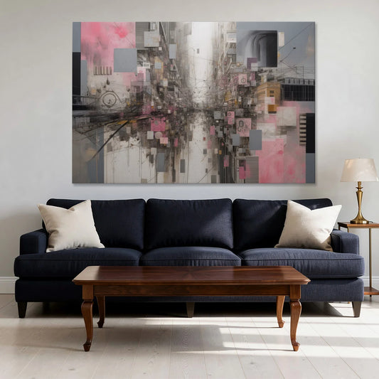 Urban Chaos Pink and Grey Abstract - Canvas Wall Art - Sofa - 60x40