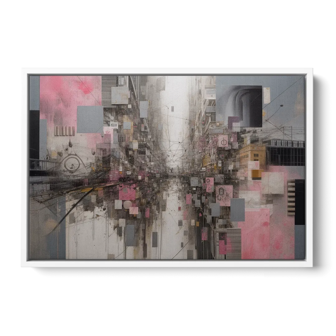 Urban Chaos Pink and Grey Abstract - White Frame Canvas