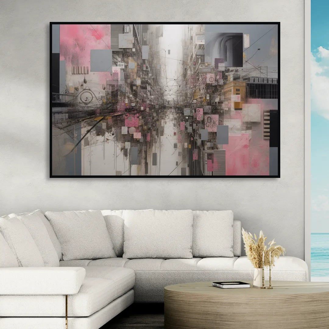 Urban Chaos Pink and Grey Abstract Living Room - Black Canvas Wall Art