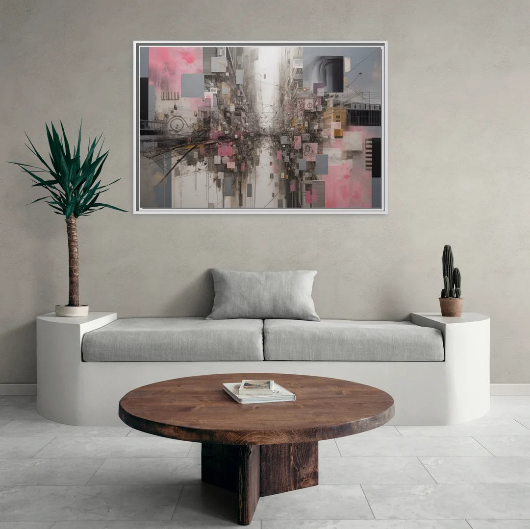 Urban Chaos Pink and Grey Abstract - Living Room White Frame Canvas