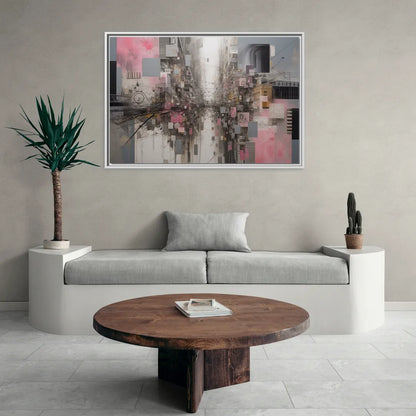 Urban Chaos Pink and Grey Abstract - Living Room White Frame Canvas