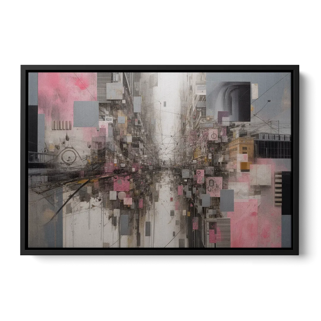Urban Chaos Pink and Grey Abstract - Black Frame Canvas