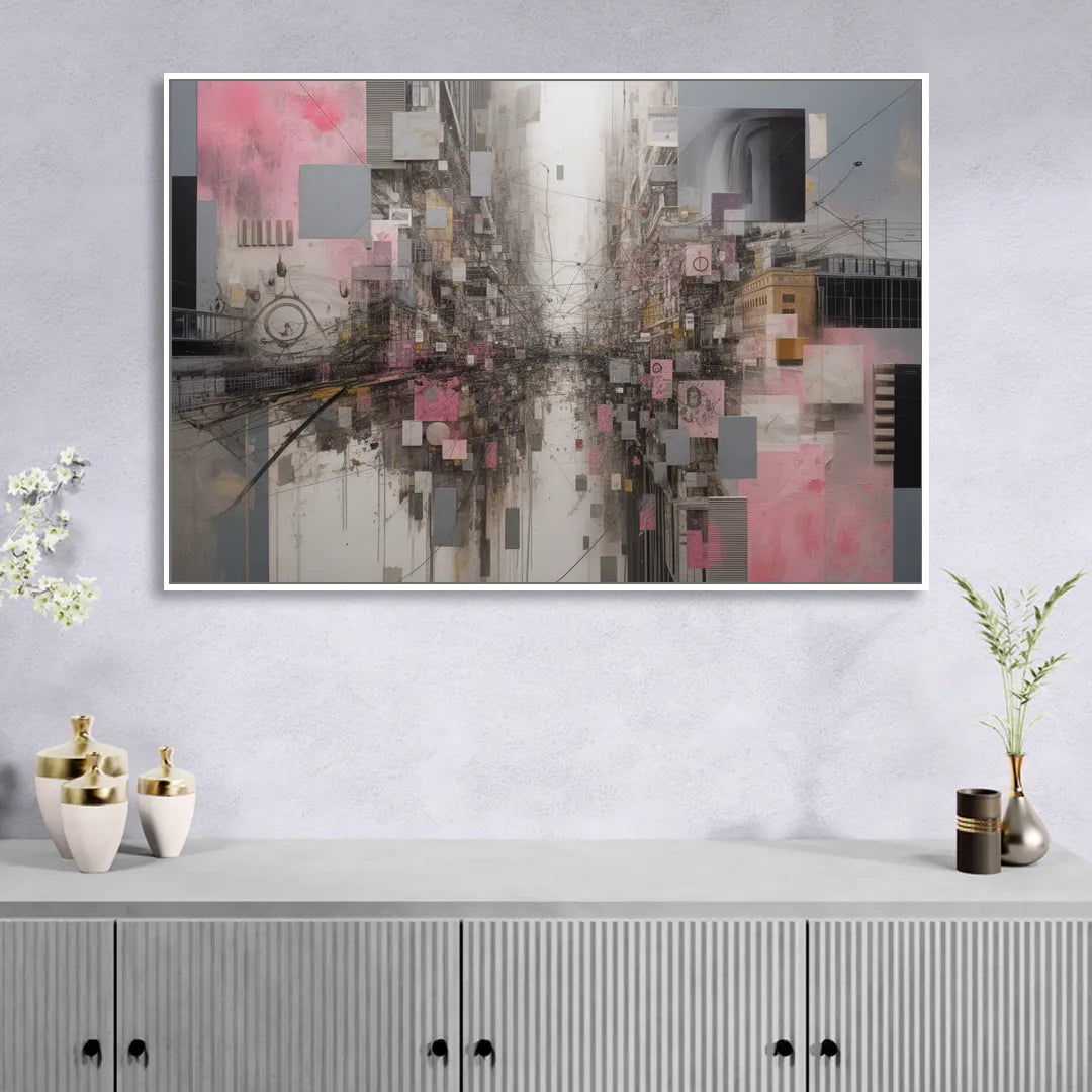 Urban Chaos Pink and Grey Abstract Sitting Room - White Canvas Wall Art