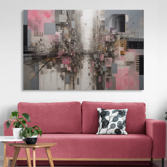 Urban Chaos Pink and Grey Abstract Living Room - Canvas Wall Art