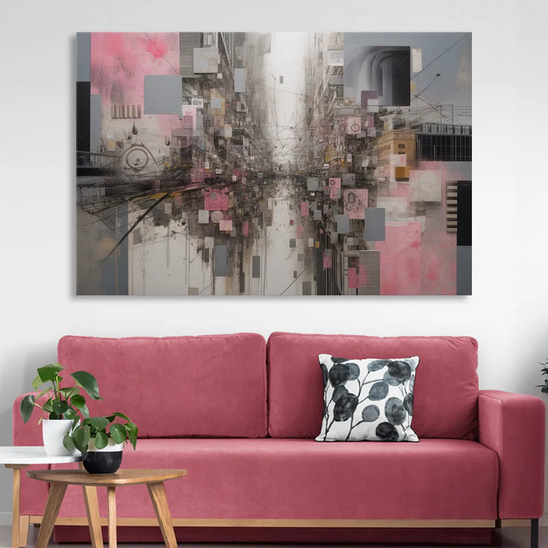 Urban Chaos Pink and Grey Abstract Living Room - Canvas Wall Art