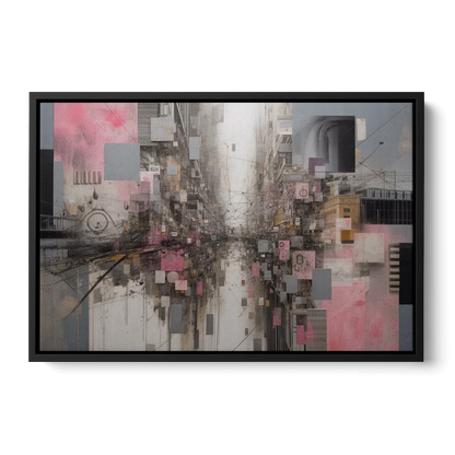 Urban Chaos Pink and Grey Abstract Front - Black Canvas Wall Art