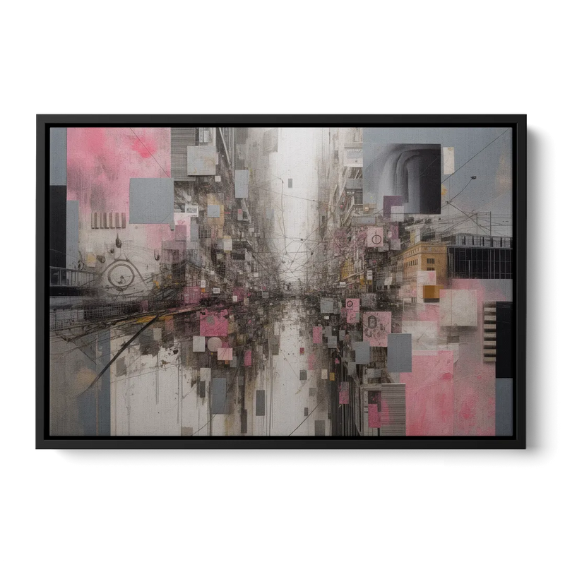 Urban Chaos Pink and Grey Abstract Front - Black Canvas Wall Art
