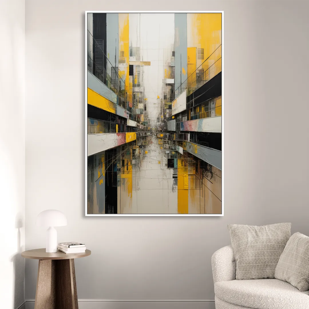 Urban Collage Yellow and Grey Abstract Living Room - White Canvas Wall Art