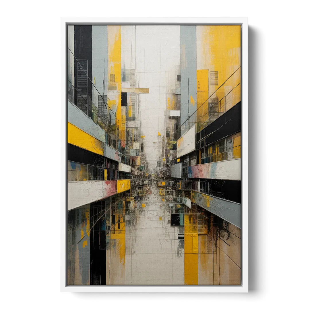 Urban Collage Yellow and Grey Abstract - White Frame Canvas