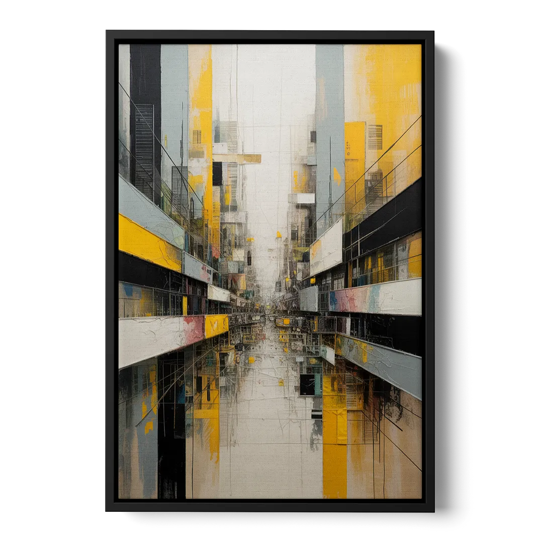 Urban Collage Yellow and Grey Abstract - Black Frame Canvas