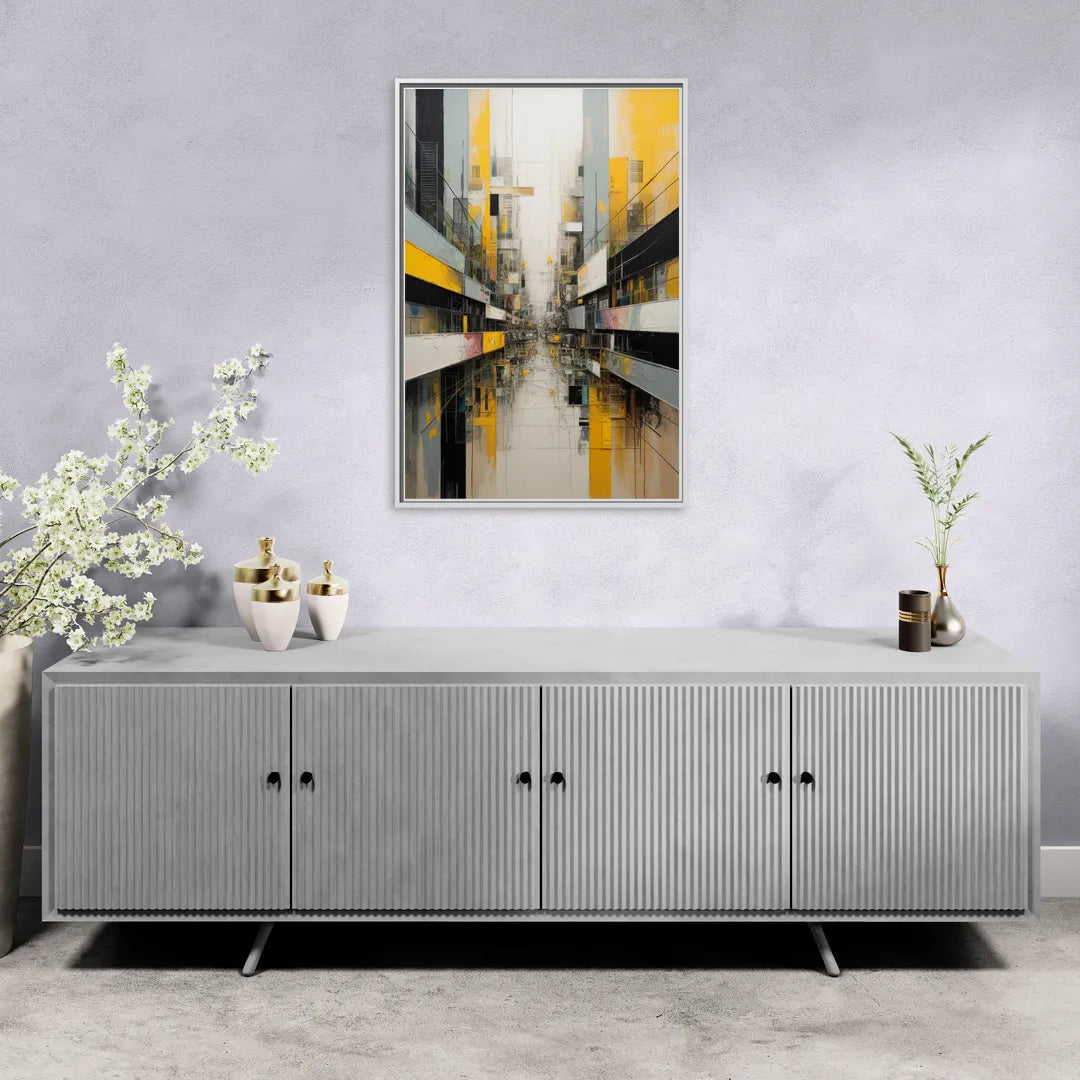 Urban Collage Yellow and Grey Abstract - Living Room White Frame Canvas