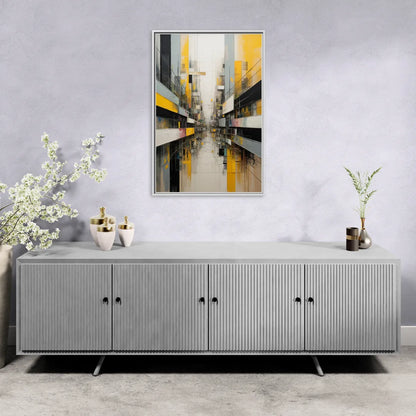 Urban Collage Yellow and Grey Abstract - Living Room White Frame Canvas