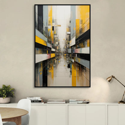 Urban Collage Yellow and Grey Abstract Living Room - Black Canvas Wall Art