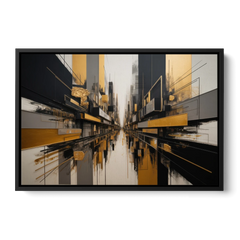 Urban Elegance in Black and Gold Abstract - Black Framed Canvas Wall Art - Front