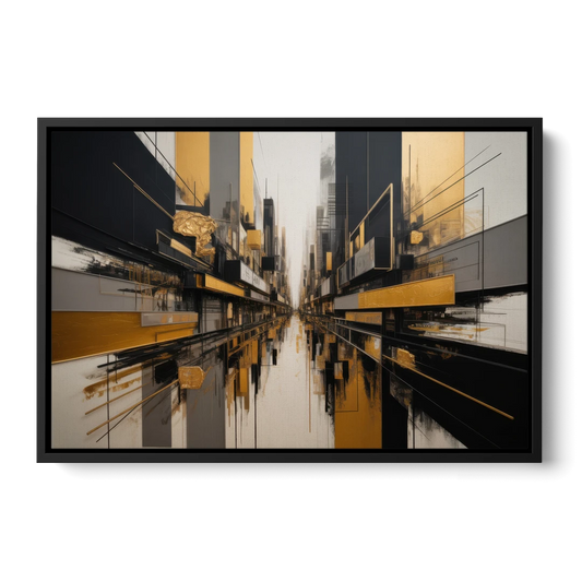 Urban Elegance in Black and Gold Abstract - Black Framed Canvas Wall Art - Front