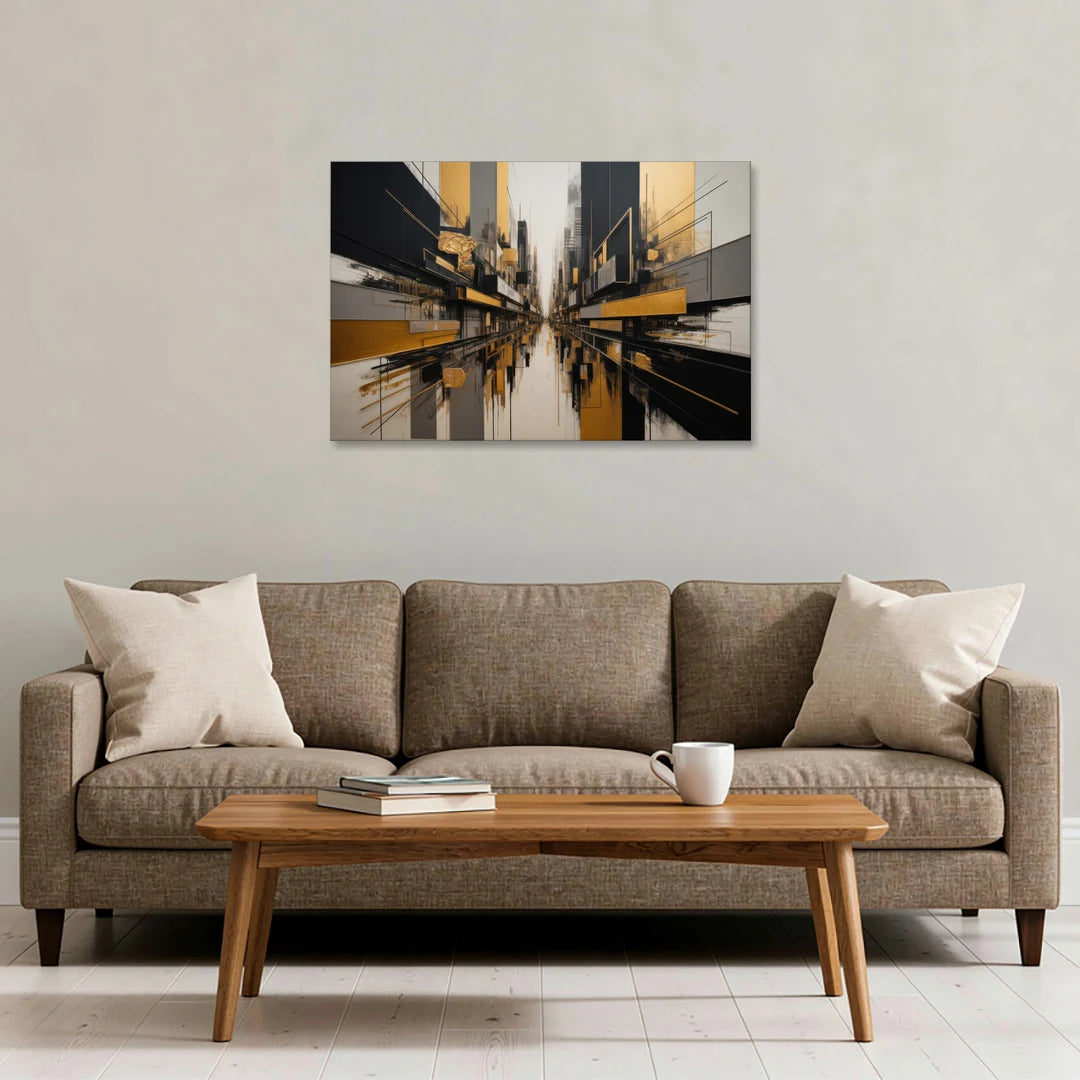 Urban Elegance in Black and Gold Abstract - Canvas Wall Art - Sofa - 36x24