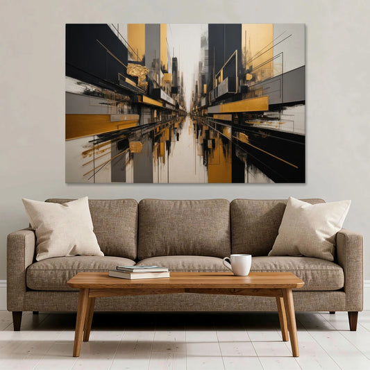 Urban Elegance in Black and Gold Abstract - Canvas Wall Art - Sofa - 60x40