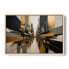 Urban Elegance in Black and Gold Abstract - Oak Framed Canvas Wall Art - Front