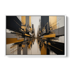 Urban Elegance in Black and Gold Abstract - White Framed Canvas Wall Art - Front