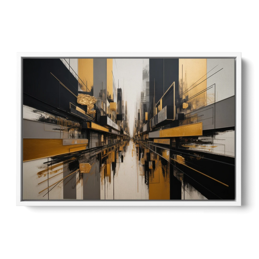 Urban Elegance in Black and Gold Abstract - White Framed Canvas Wall Art - Front