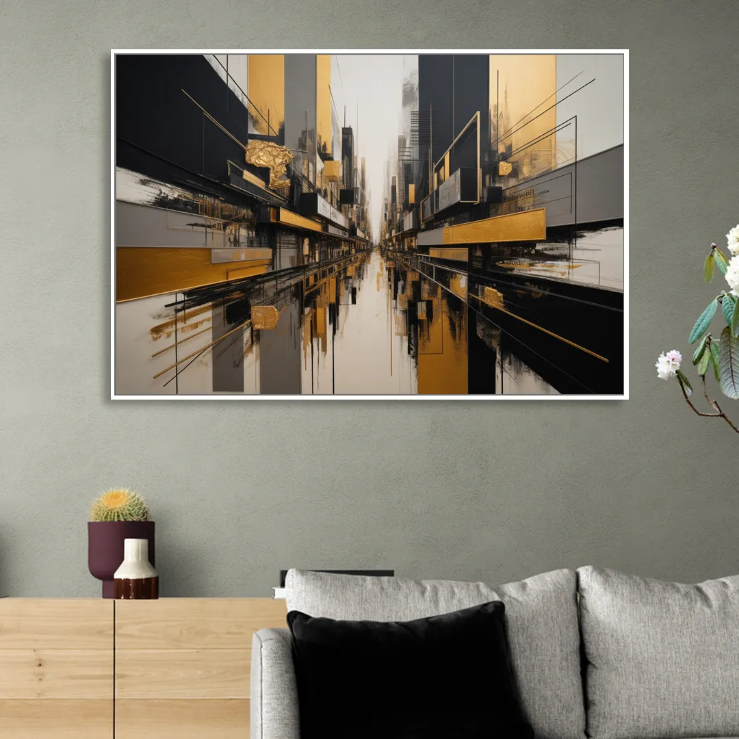 Urban Elegance in Black and Gold Abstract Sitting Room - White Canvas Wall Art