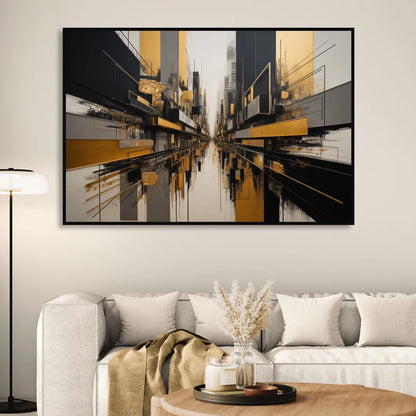 Urban Elegance in Black and Gold Abstract Living Room - Black Canvas Wall Art