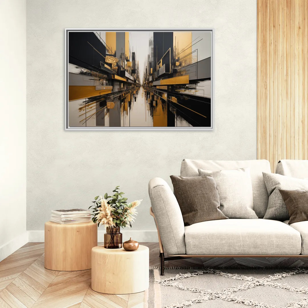 Urban Elegance in Black and Gold Abstract - Living Room White Frame Canvas