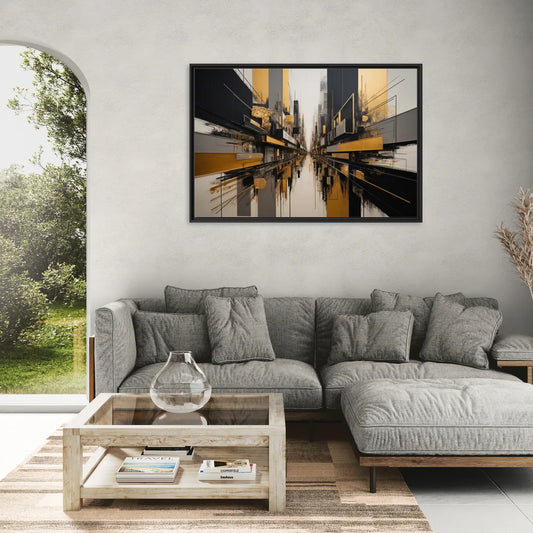 Urban Elegance in Black and Gold Abstract - Living Room Black Frame Canvas