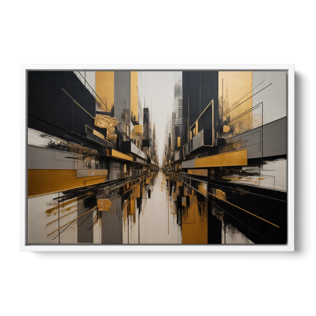 Urban Elegance in Black and Gold Abstract - White Frame Canvas