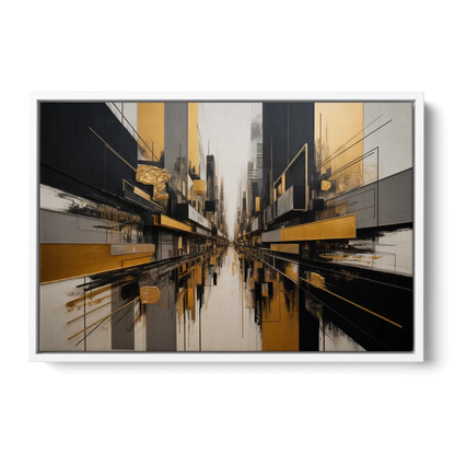Urban Elegance in Black and Gold Abstract - White Frame Canvas