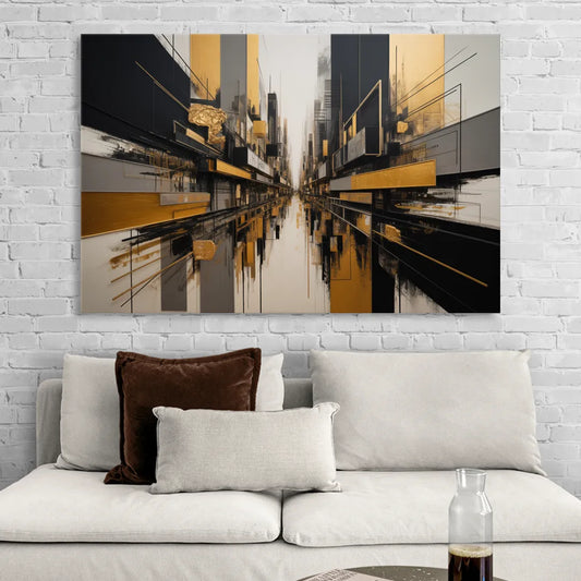 Urban Elegance in Black and Gold Abstract Living Room - Canvas Wall Art