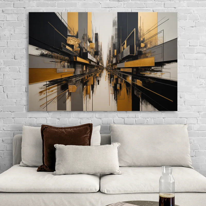 Urban Elegance in Black and Gold Abstract Living Room - Canvas Wall Art