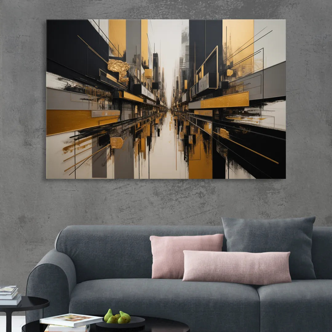 Urban Elegance in Black and Gold Abstract Sitting Room - Canvas Wall Art