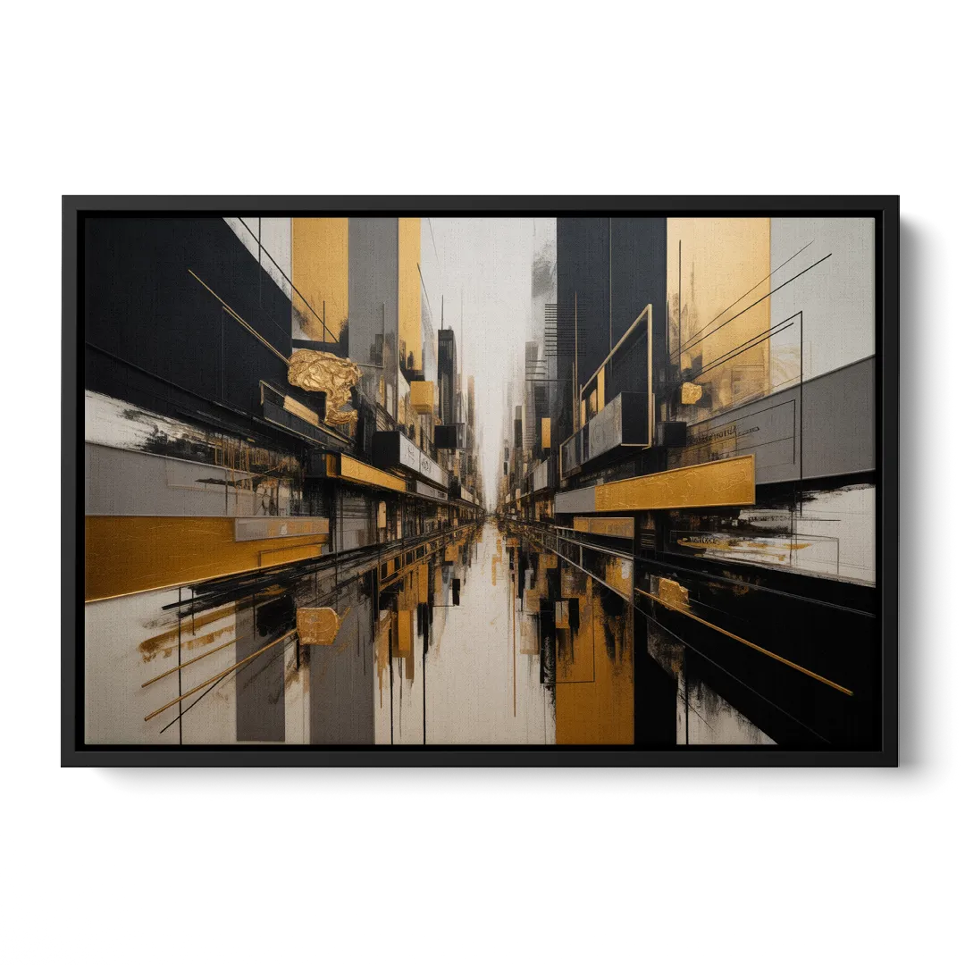 Urban Elegance in Black and Gold Abstract - Black Frame Canvas