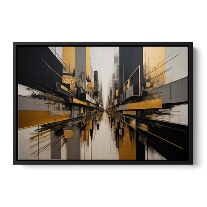 Urban Elegance in Black and Gold Abstract - Black Frame Canvas
