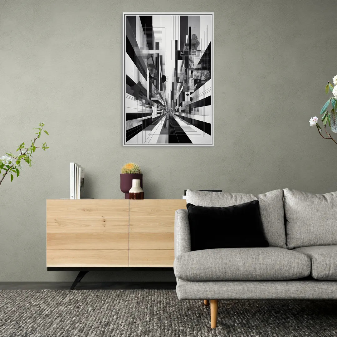 Urban Energy Black and White Abstract - Living Room White Frame Canvas