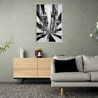 Urban Energy Black and White Abstract - Living Room White Frame Canvas
