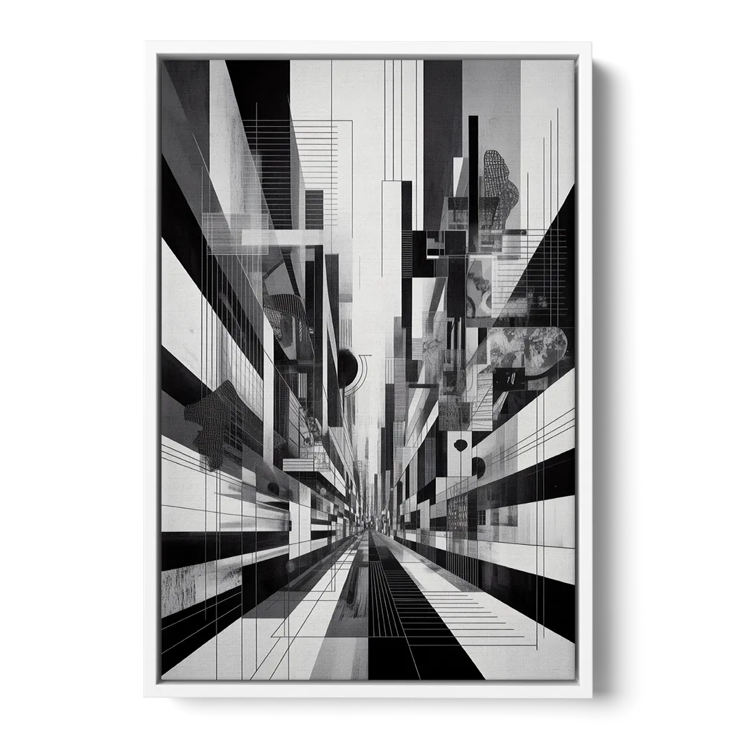 Urban Energy Black and White Abstract - White Frame Canvas