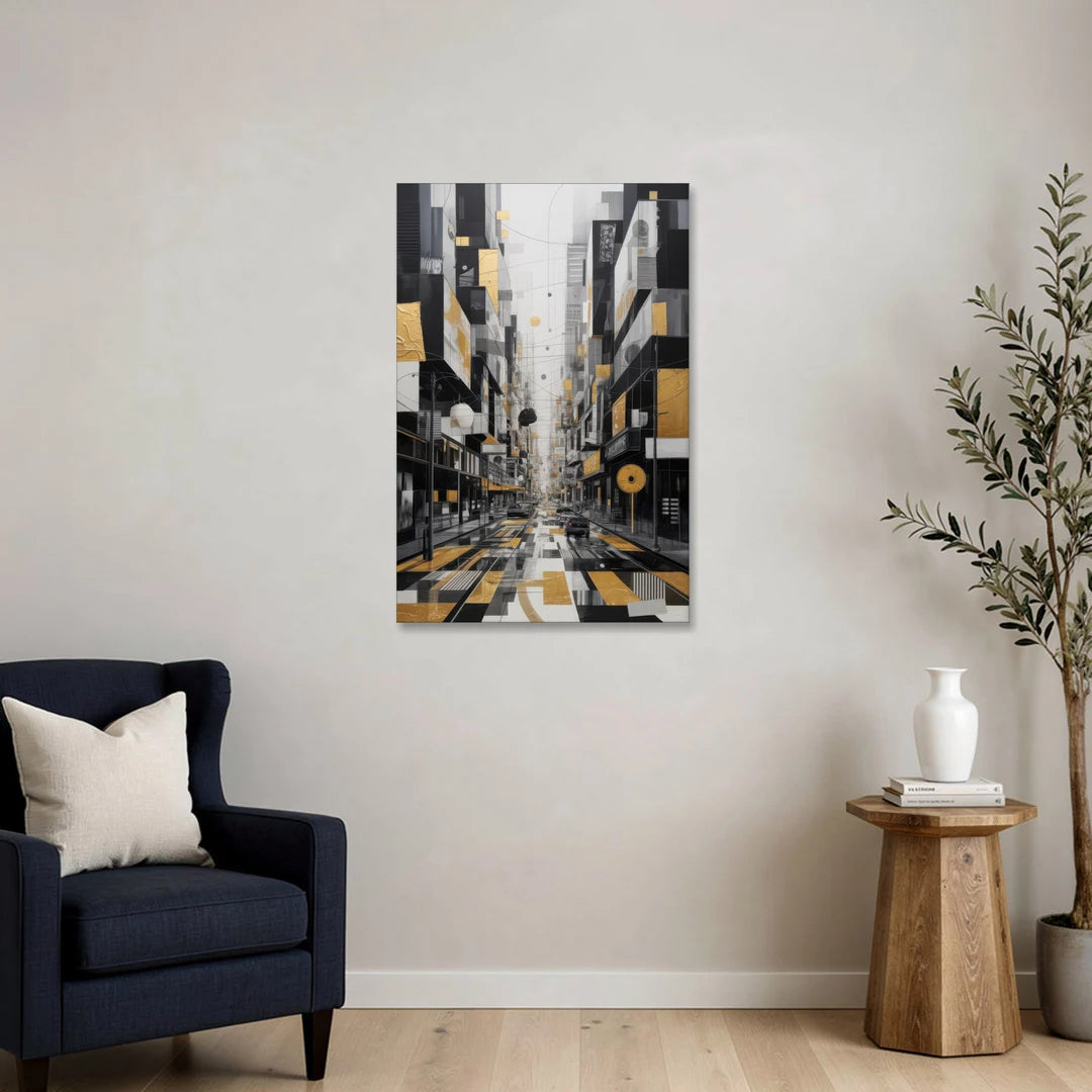 Urban Fragmented Elegance Black White and Gold Abstract - Canvas Wall Art - Sofa - 24x36